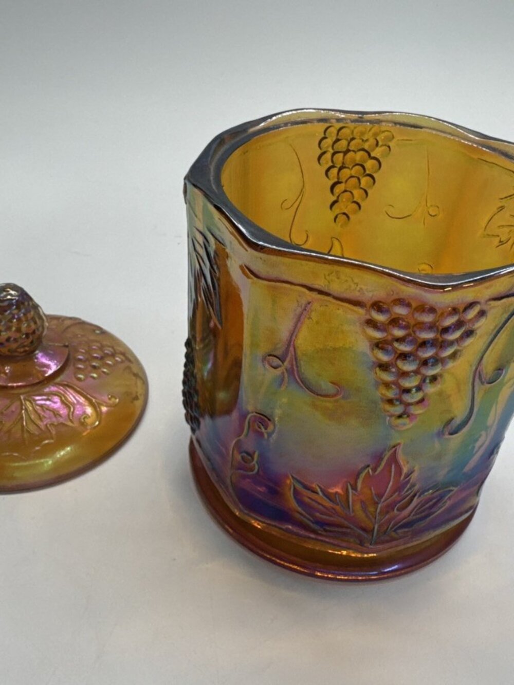 Vintage Indiana Marigold Carnival Glass Harvest Grape Biscuit Jar with Lid Heavy